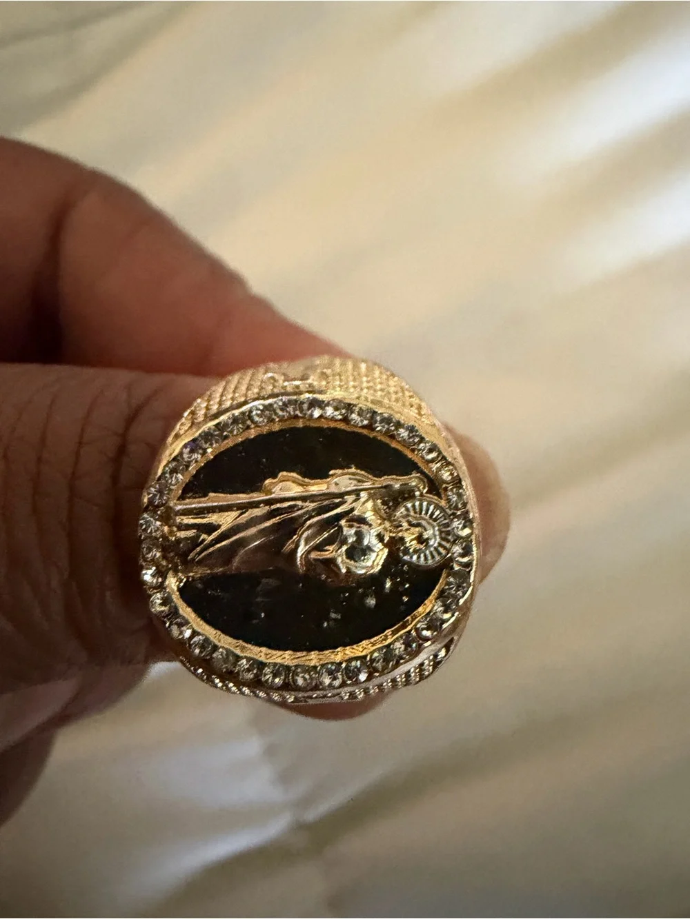 Gold-Tone Black Enamel Men's Signet Ring with Crystal Accent